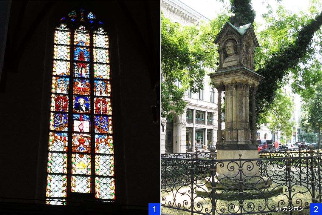写真：聖トーマス教会のステンドグラス／記念碑