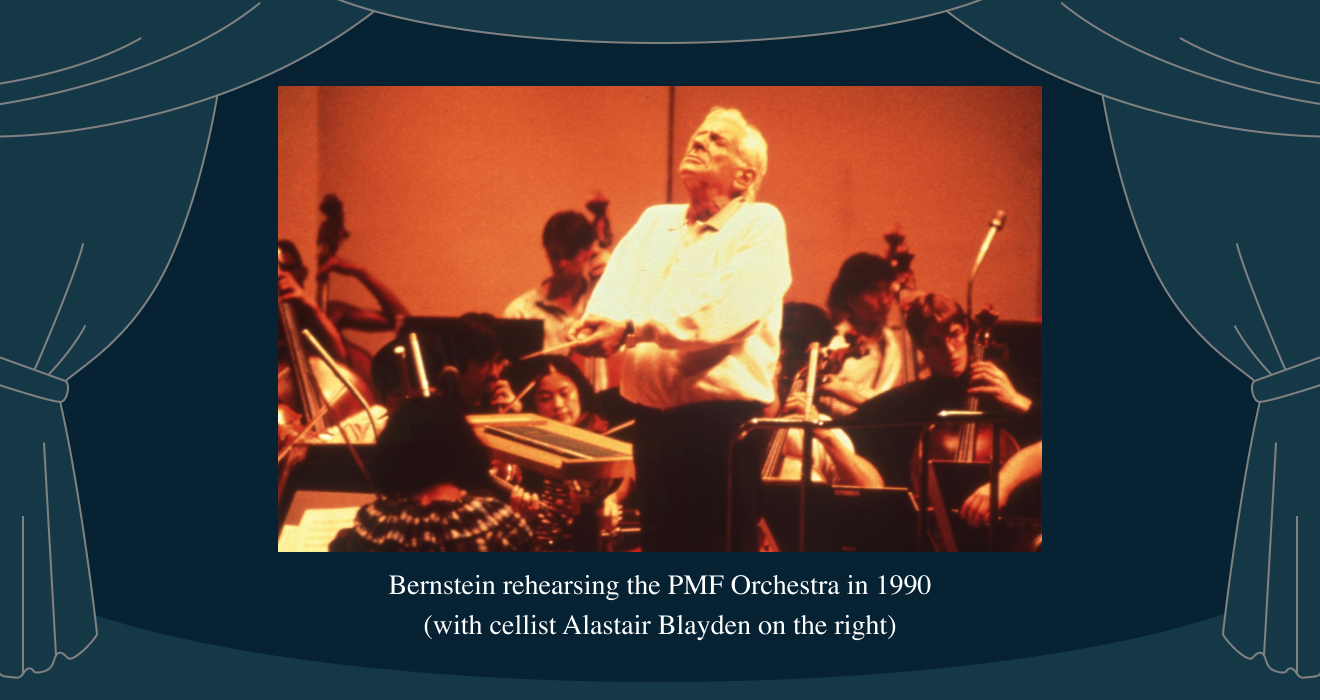 photo: Bernstein rehearsing the PMF Orchestra in 1990 (with cellist Alastair Blayden on the right)