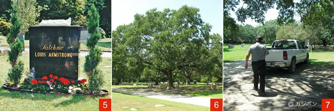 写真：ルイ・アームストロングの墓、樫の木、お墓を案内してくださった方